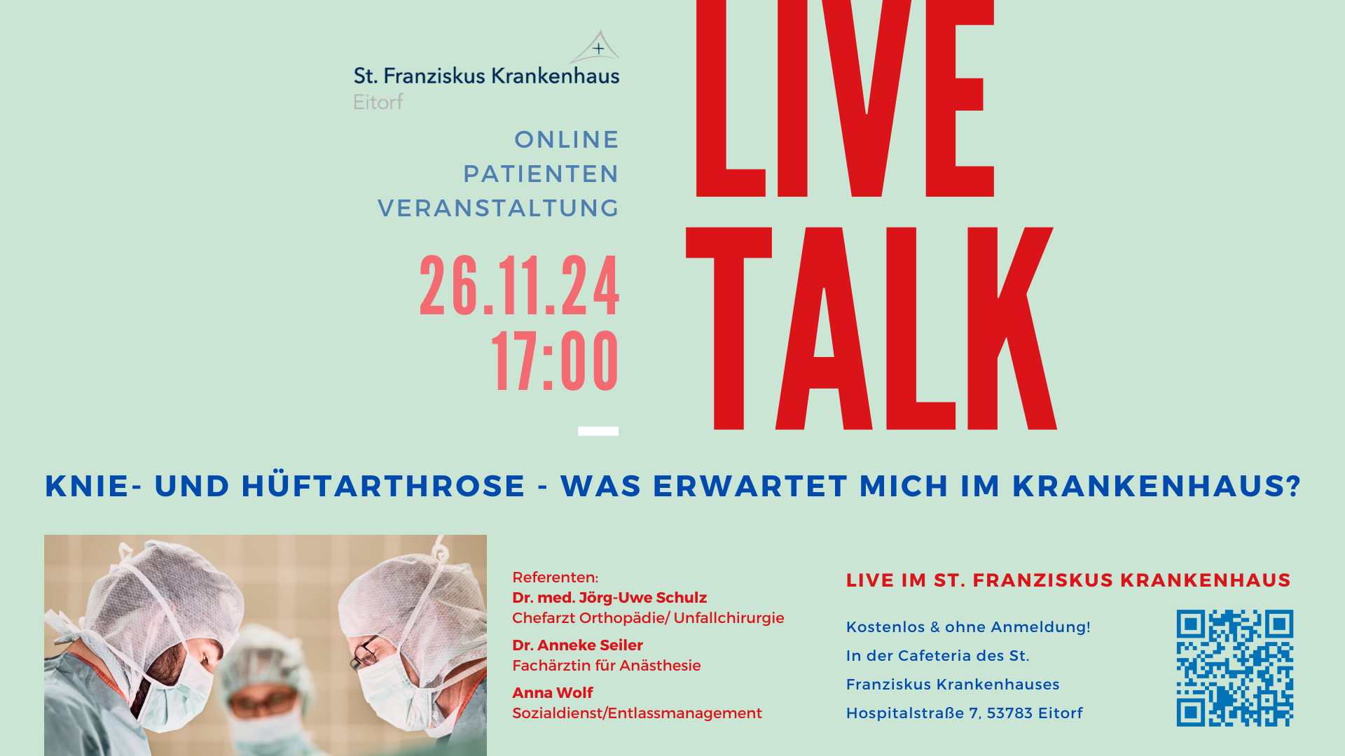 EINLADUNG: LIVETALK „Knie- und Hüftarthrose – was erwartet mich im Krankenhaus?“ – Patientenveranstaltung am 26.11.2024