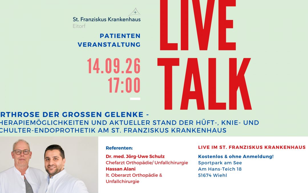 LIVETALK im Sportpark am See in Wiehl: „Arthrose der großen Gelenke – Therapiemöglichkeiten und aktueller Stand der Hüft-, Knie- und Schulterendoprothetik am St. Franziskus Krankenhaus “ am 14.09.2026