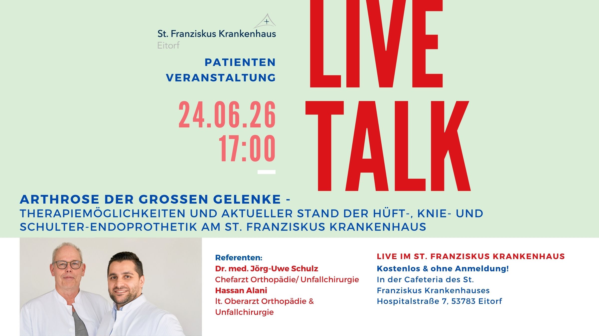 EINLADUNG: LIVETALK „Arthrose der großen Gelenke – Therapiemöglichkeiten und aktueller Stand der Hüft-, Knie- und Schulterendoprothetik am St. Franziskus Krankenhaus “ am 24.06.2026