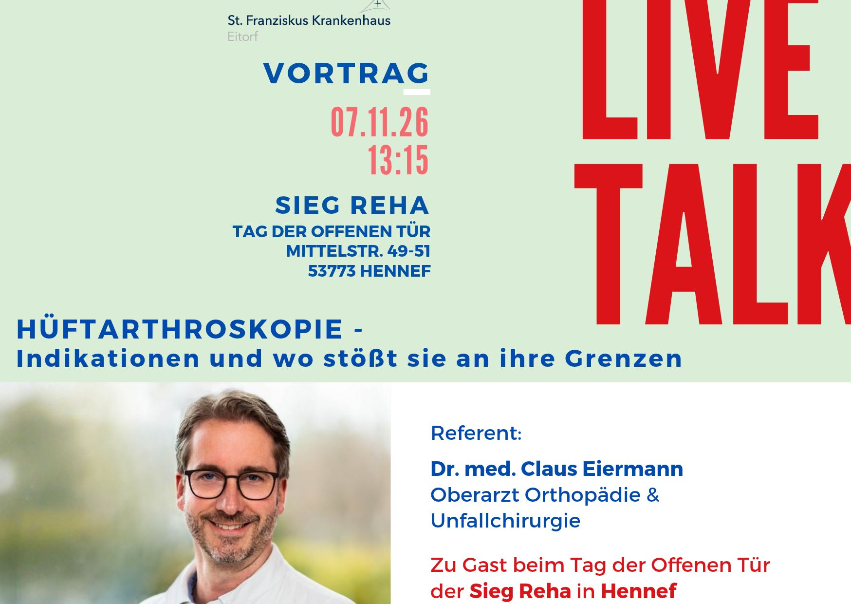 Veranstaltungshinweis, Vortrag zur Hüftarthroskopie, Referent: Dr. Eiermann